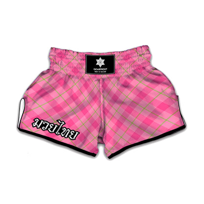 Pink And Green Plaid Pattern Print Muay Thai Boxing Shorts