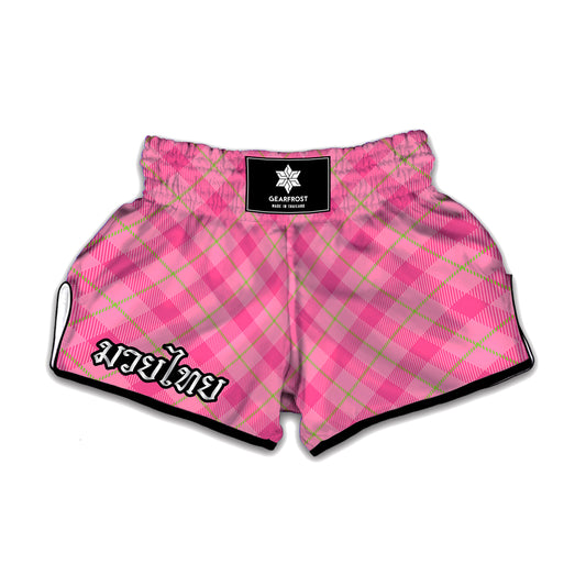 Pink And Green Plaid Pattern Print Muay Thai Boxing Shorts