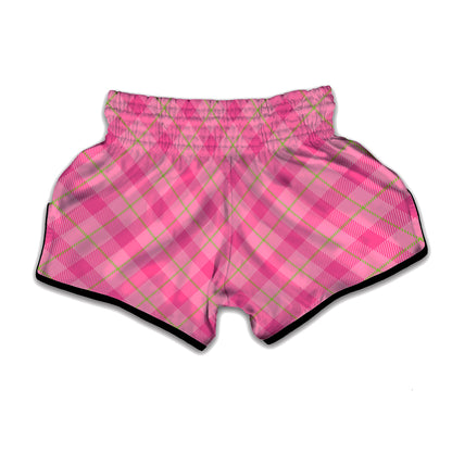 Pink And Green Plaid Pattern Print Muay Thai Boxing Shorts