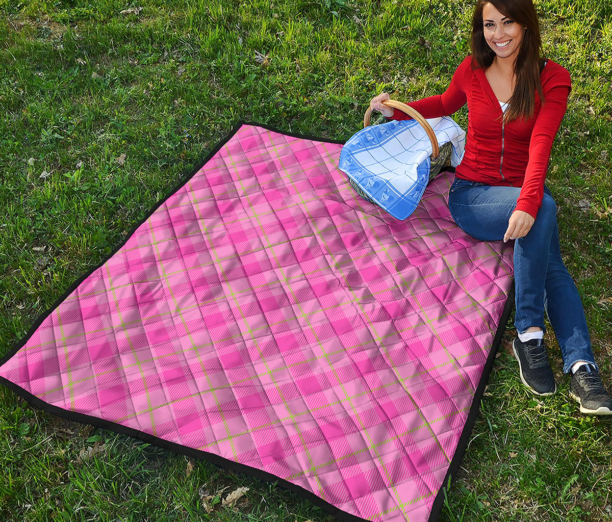 Pink And Green Plaid Pattern Print Quilt