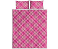 Pink And Green Plaid Pattern Print Quilt Bed Set