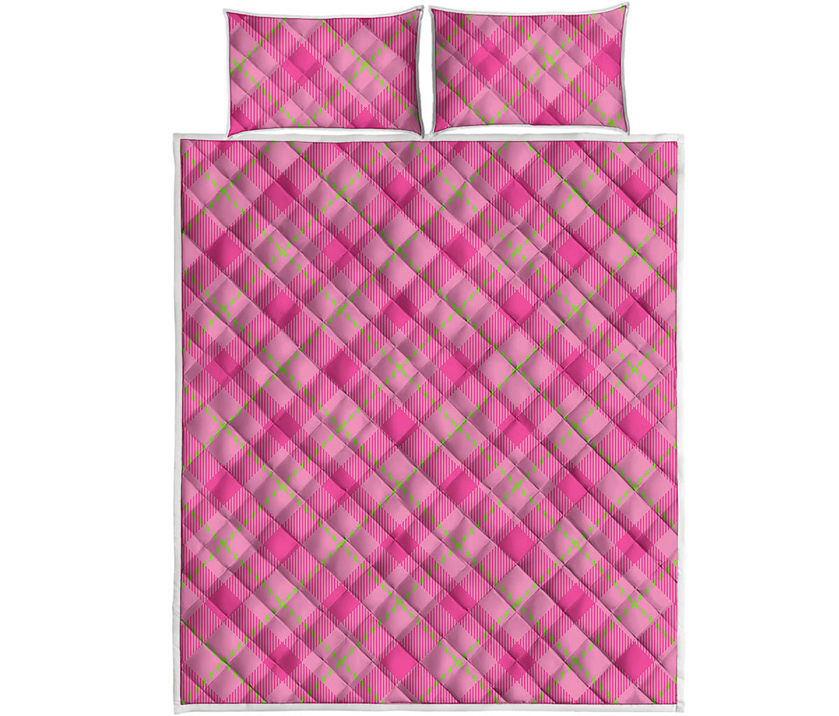 Pink And Green Plaid Pattern Print Quilt Bed Set