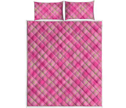 Pink And Green Plaid Pattern Print Quilt Bed Set