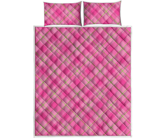 Pink And Green Plaid Pattern Print Quilt Bed Set