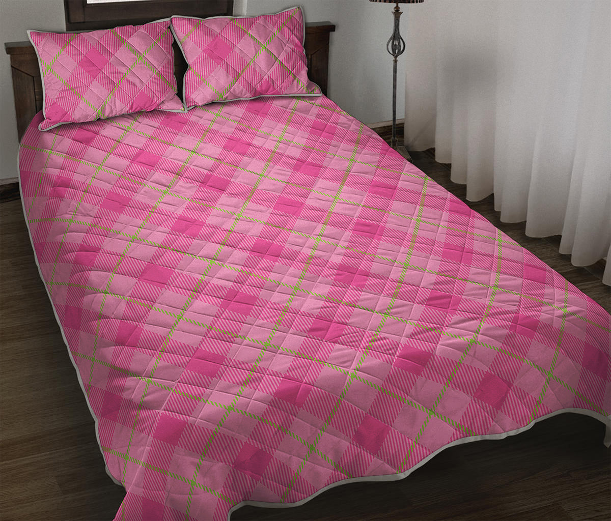 Pink And Green Plaid Pattern Print Quilt Bed Set