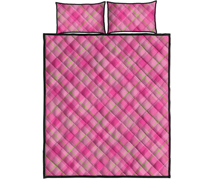 Pink And Green Plaid Pattern Print Quilt Bed Set