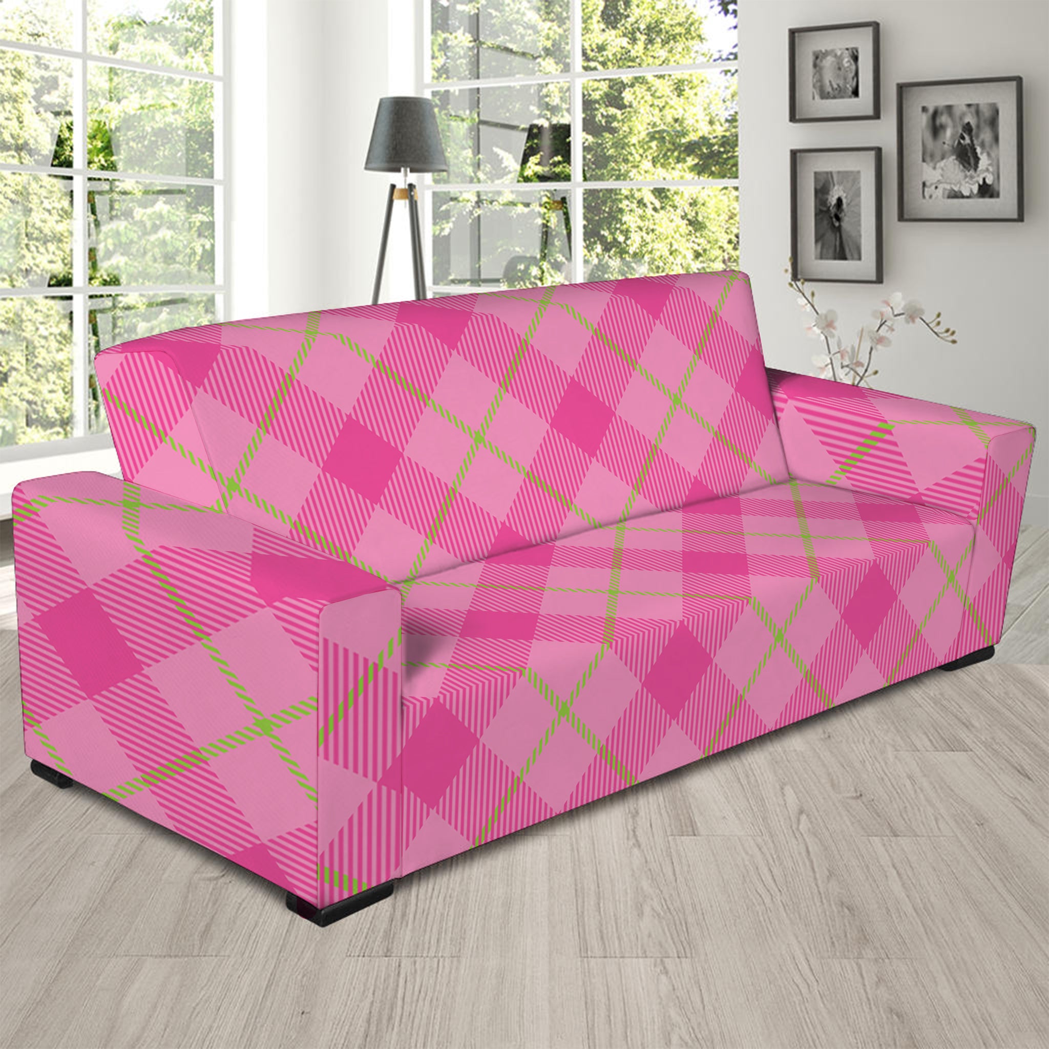 Pink And Green Plaid Pattern Print Sofa Slipcover