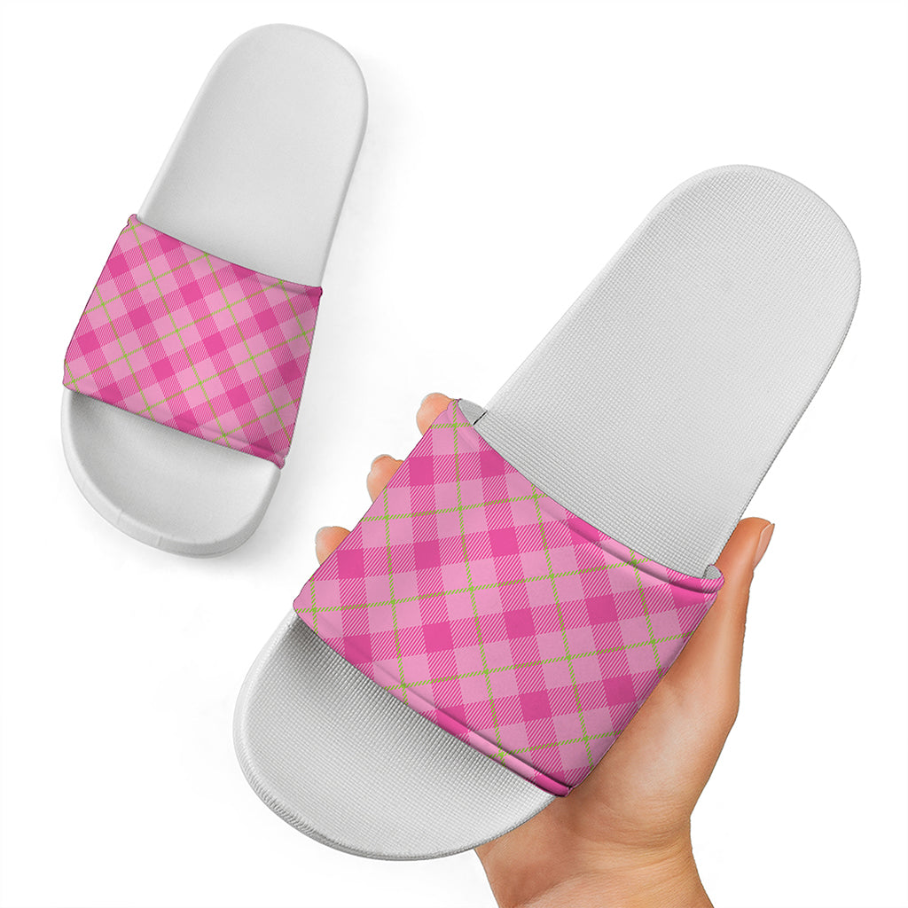 Pink And Green Plaid Pattern Print White Slide Sandals