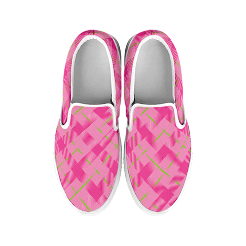 Pink And Green Plaid Pattern Print White Slip On Shoes
