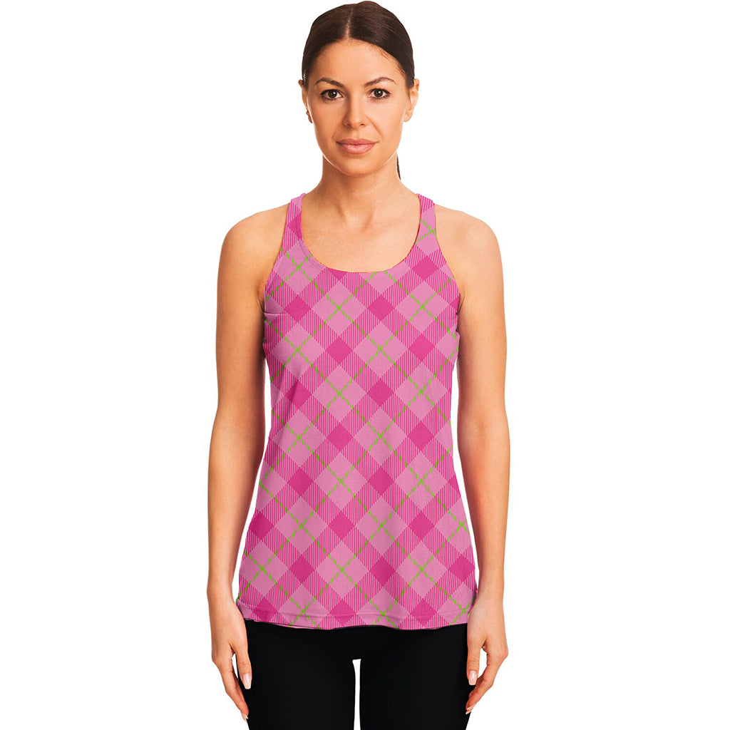 Pink And Green Plaid Pattern Print Women's Racerback Tank Top