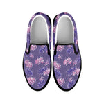 Pink And Purple Japanese Amaryllis Print Black Slip On Shoes