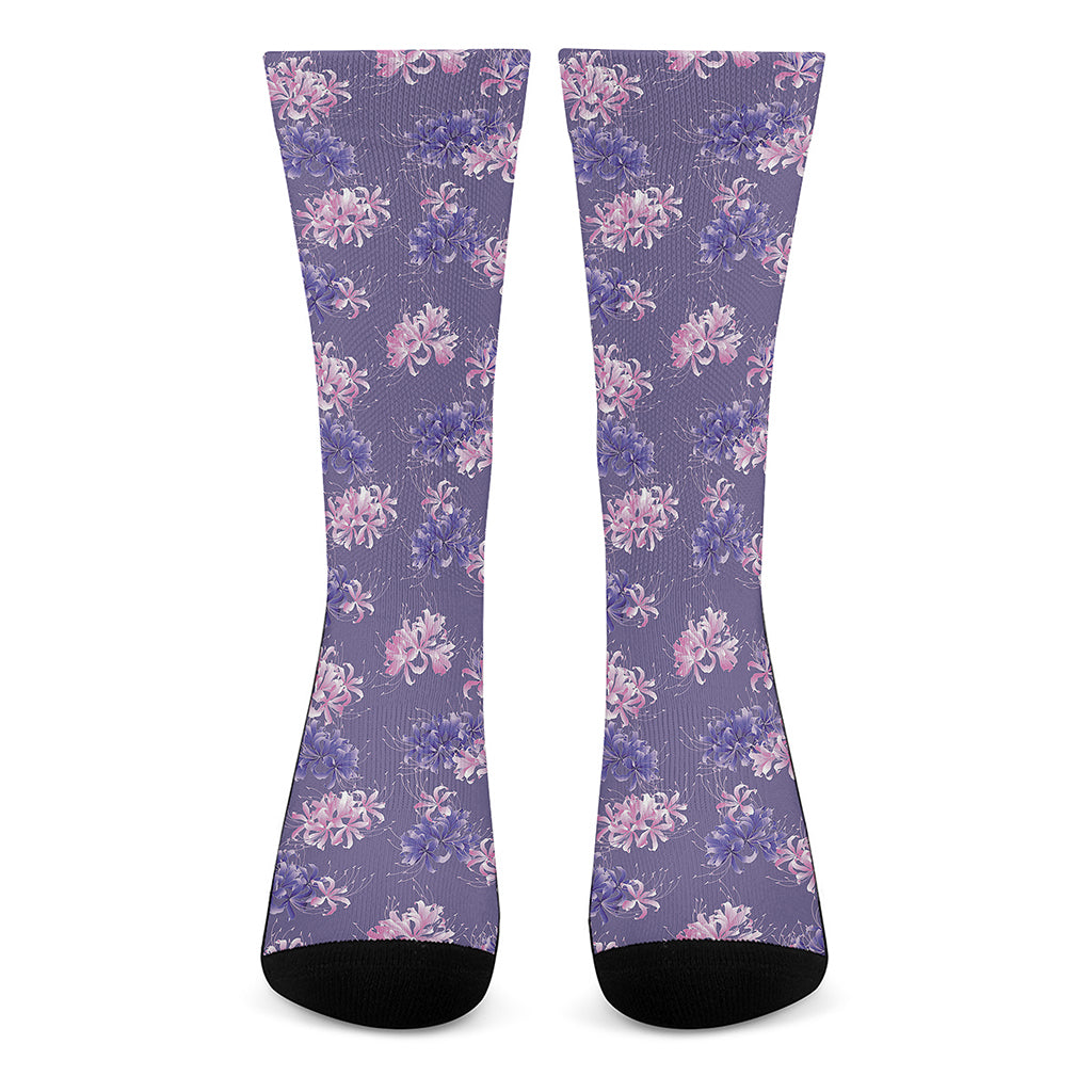 Pink And Purple Japanese Amaryllis Print Crew Socks