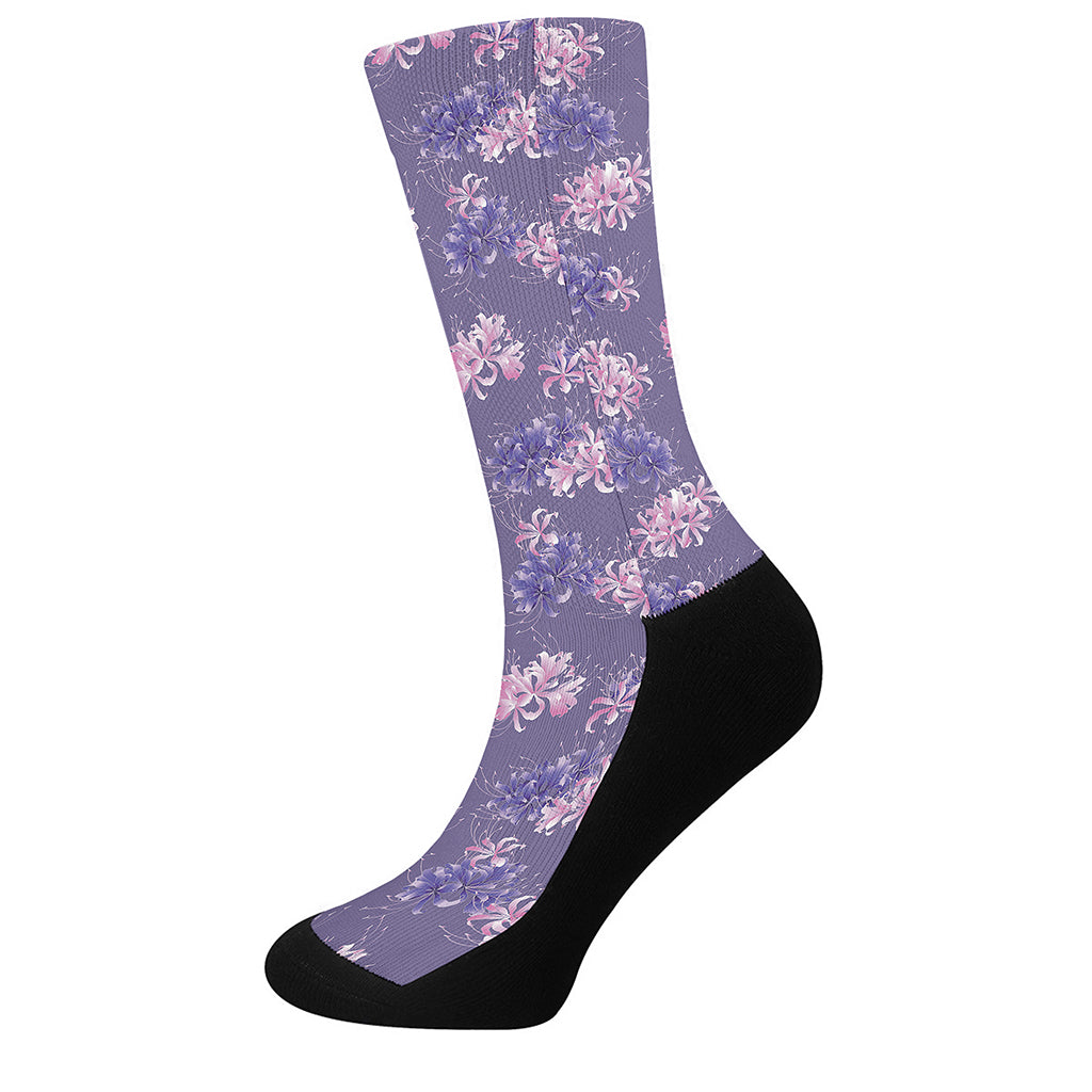 Pink And Purple Japanese Amaryllis Print Crew Socks