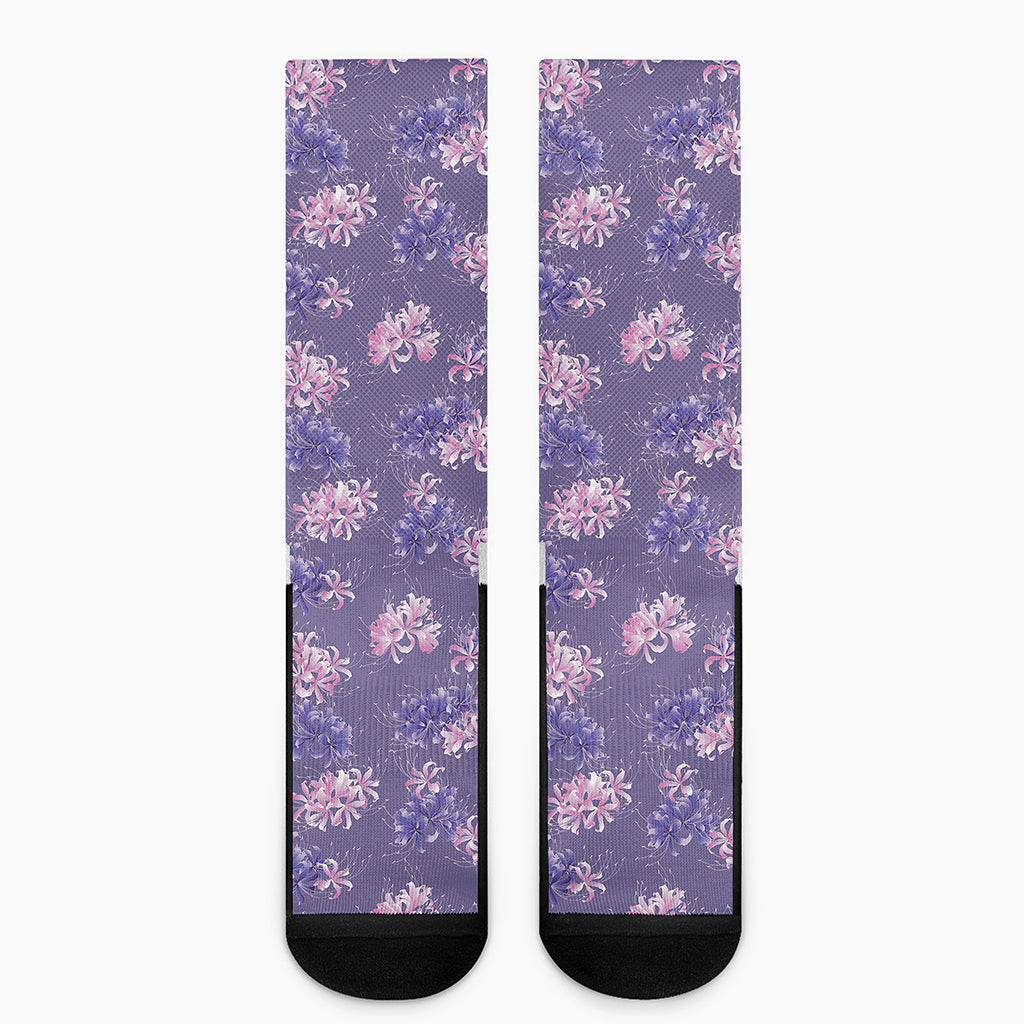 Pink And Purple Japanese Amaryllis Print Crew Socks