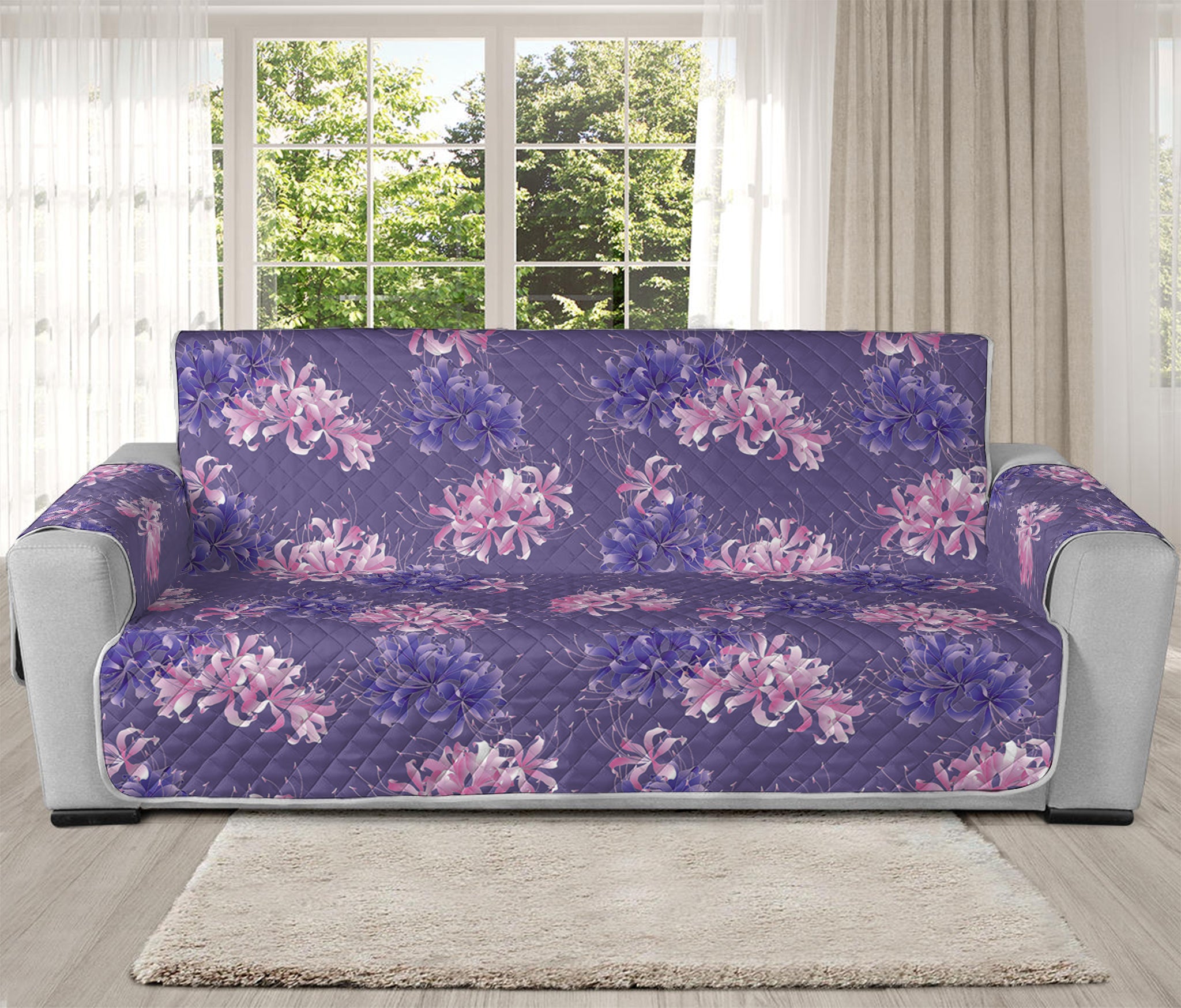 Pink And Purple Japanese Amaryllis Print Oversized Sofa Protector