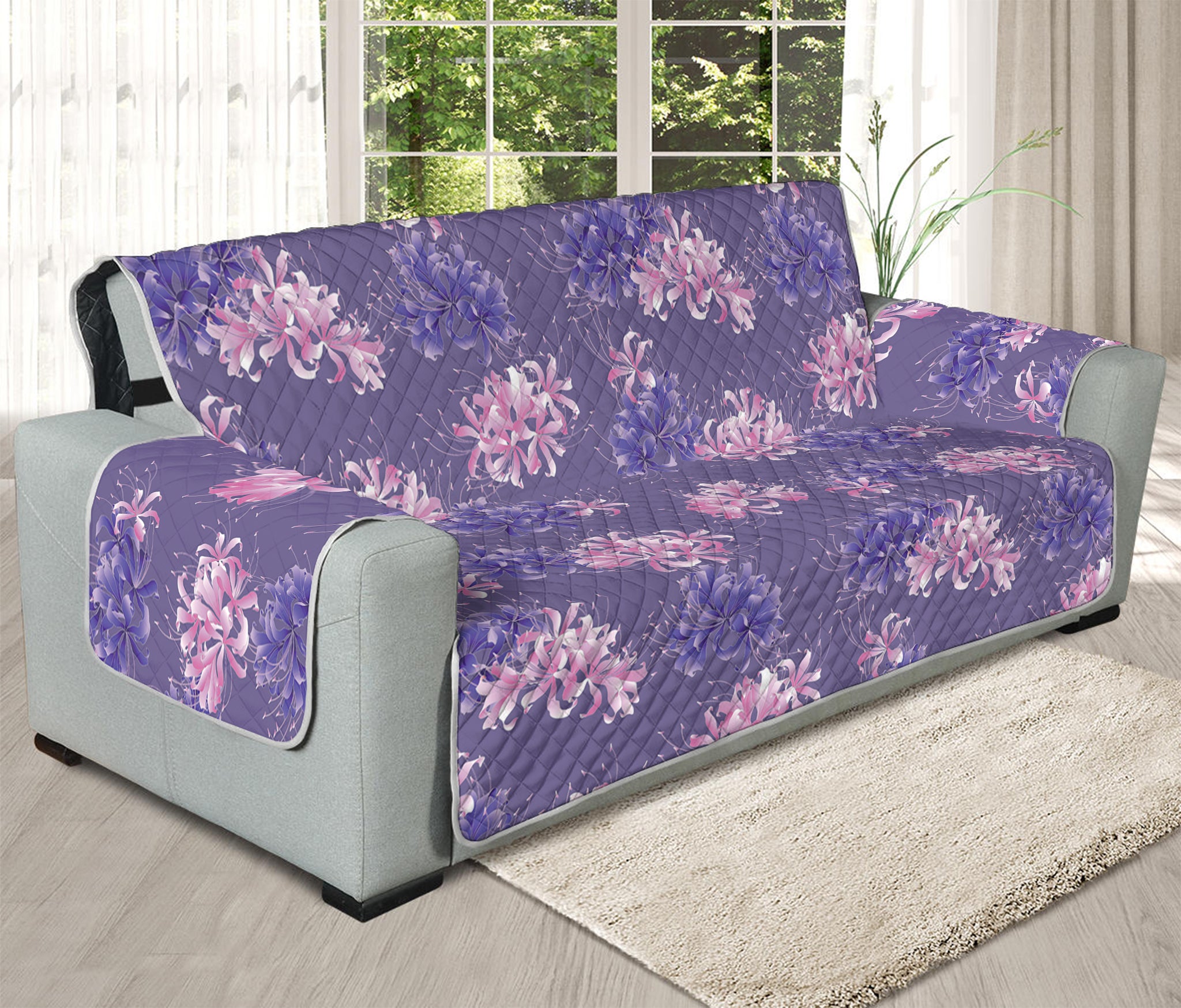 Pink And Purple Japanese Amaryllis Print Oversized Sofa Protector