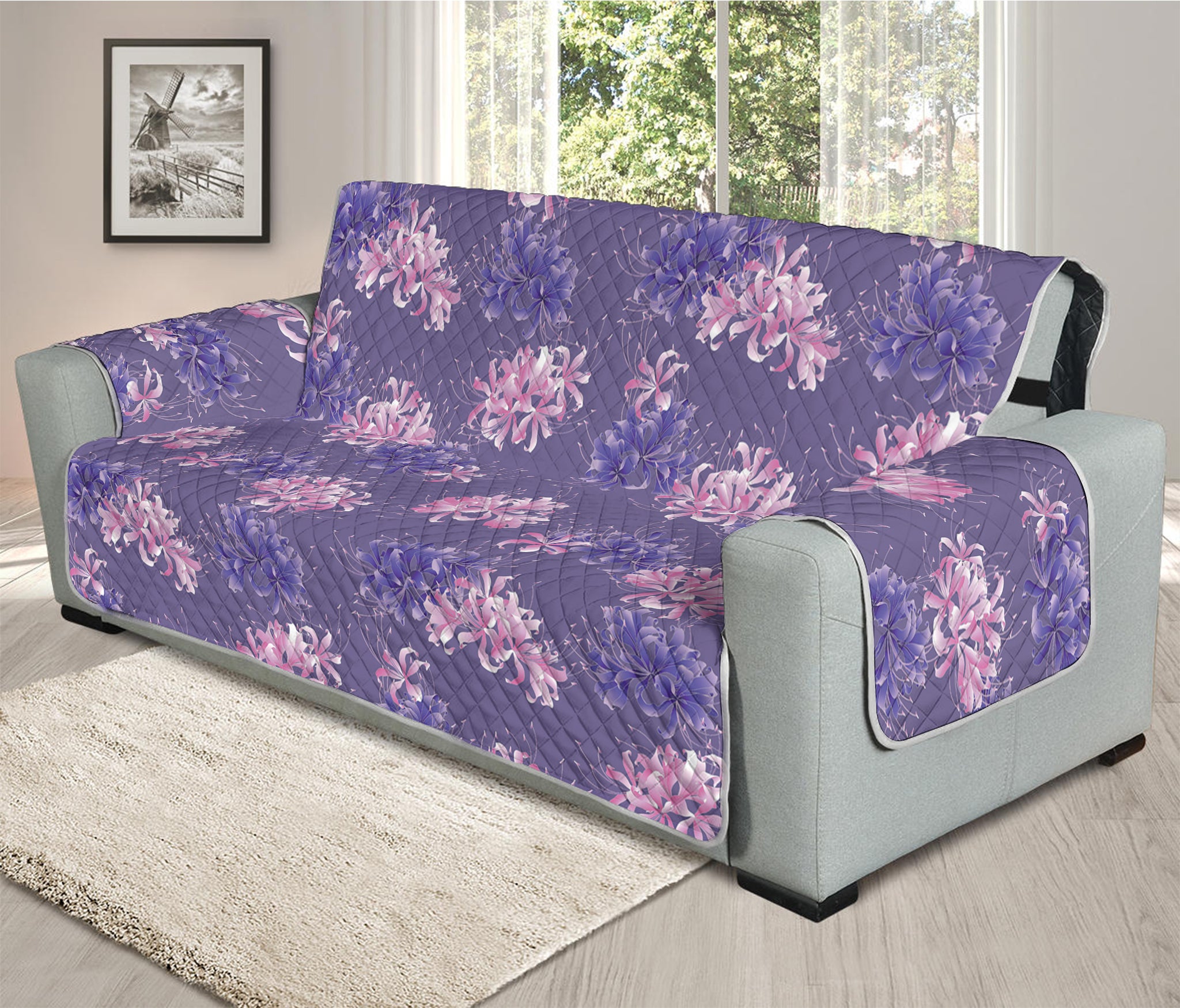 Pink And Purple Japanese Amaryllis Print Oversized Sofa Protector