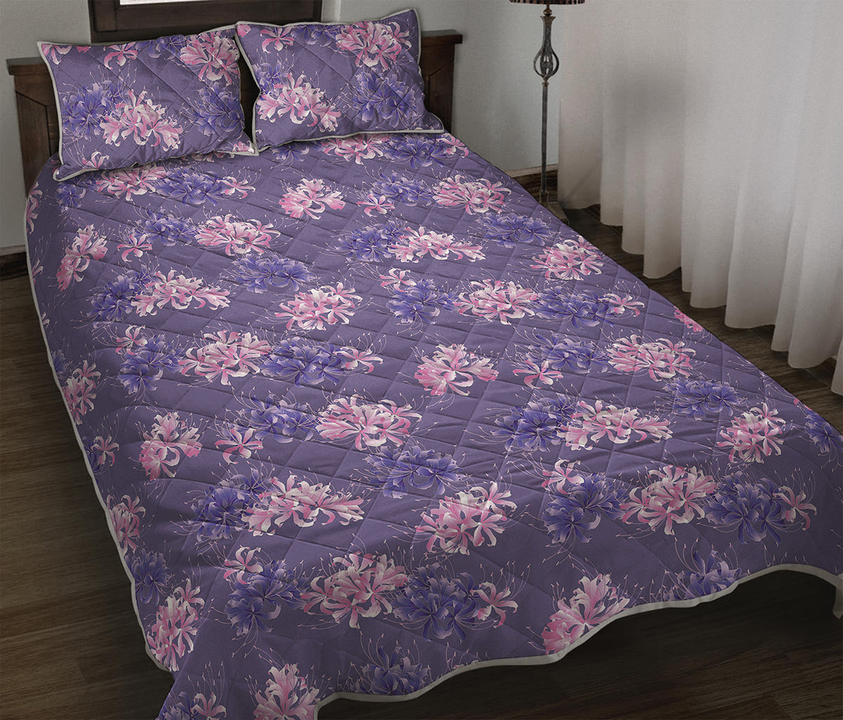 Pink And Purple Japanese Amaryllis Print Quilt Bed Set