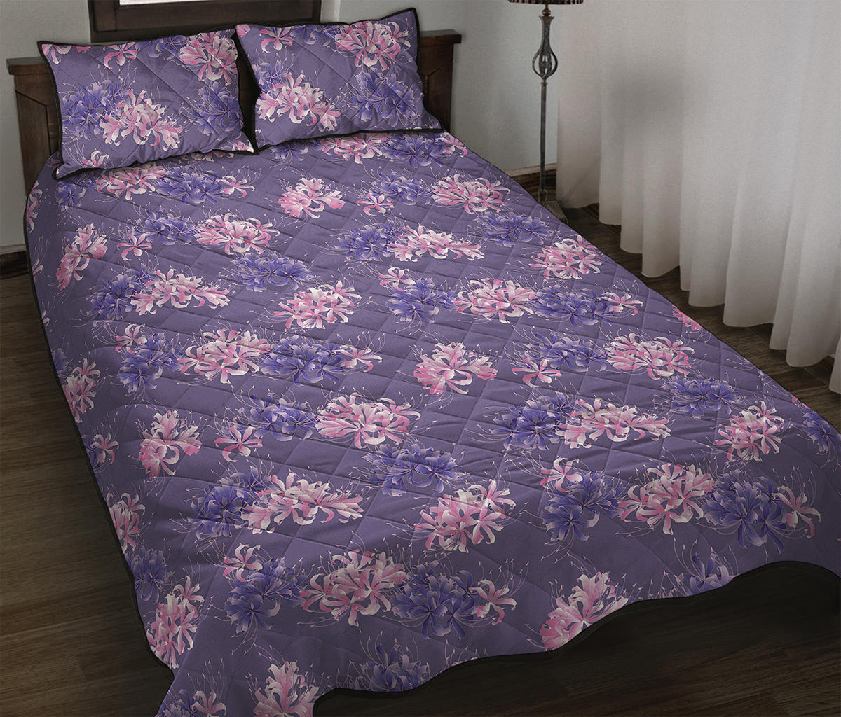 Pink And Purple Japanese Amaryllis Print Quilt Bed Set