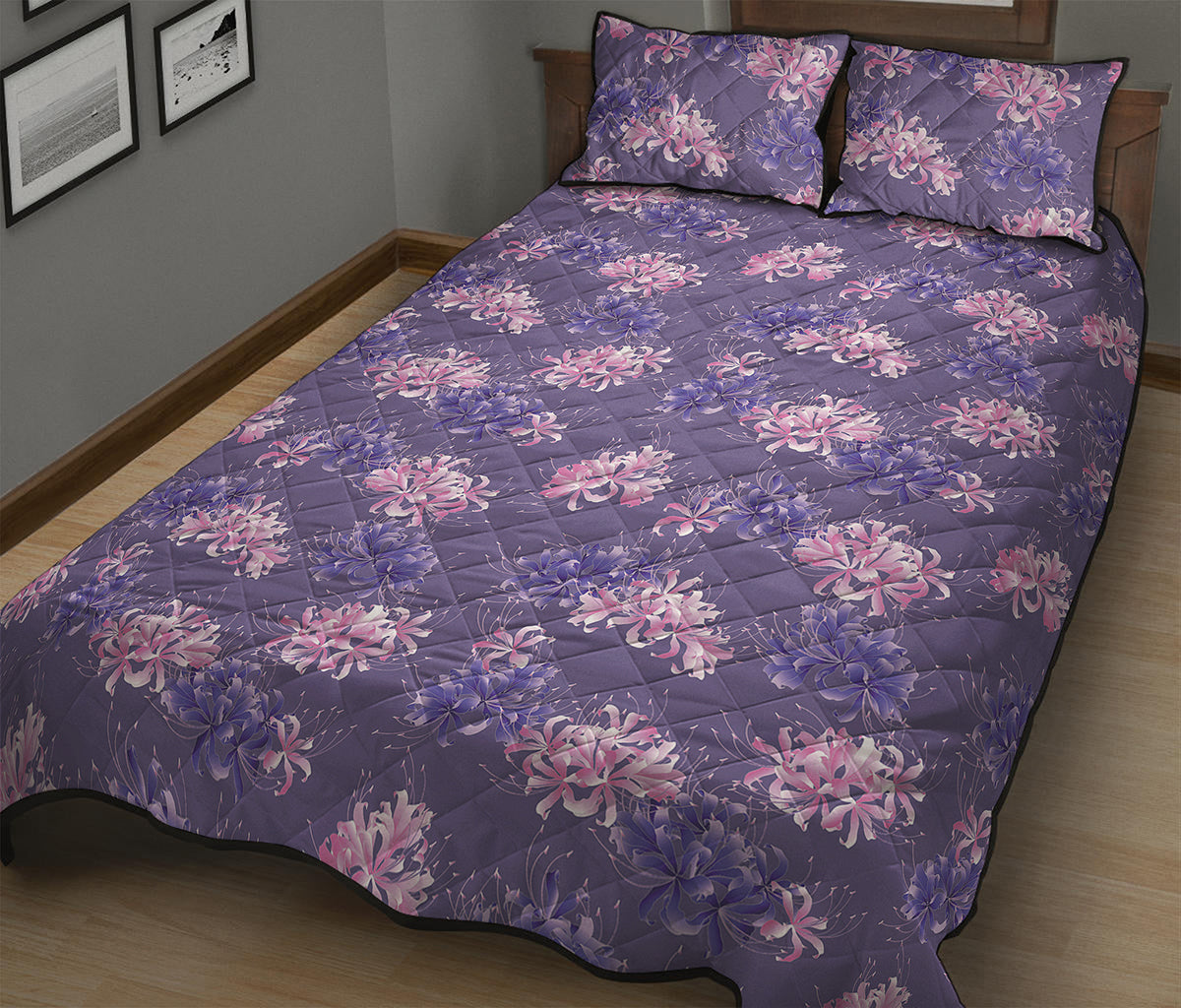 Pink And Purple Japanese Amaryllis Print Quilt Bed Set