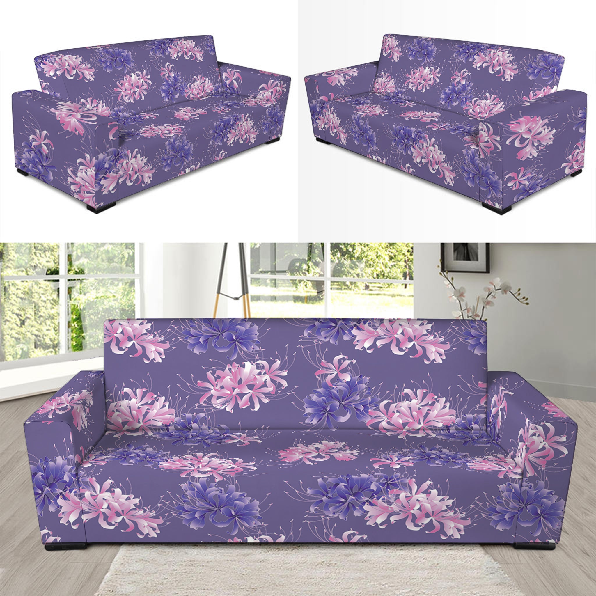 Pink And Purple Japanese Amaryllis Print Sofa Slipcover