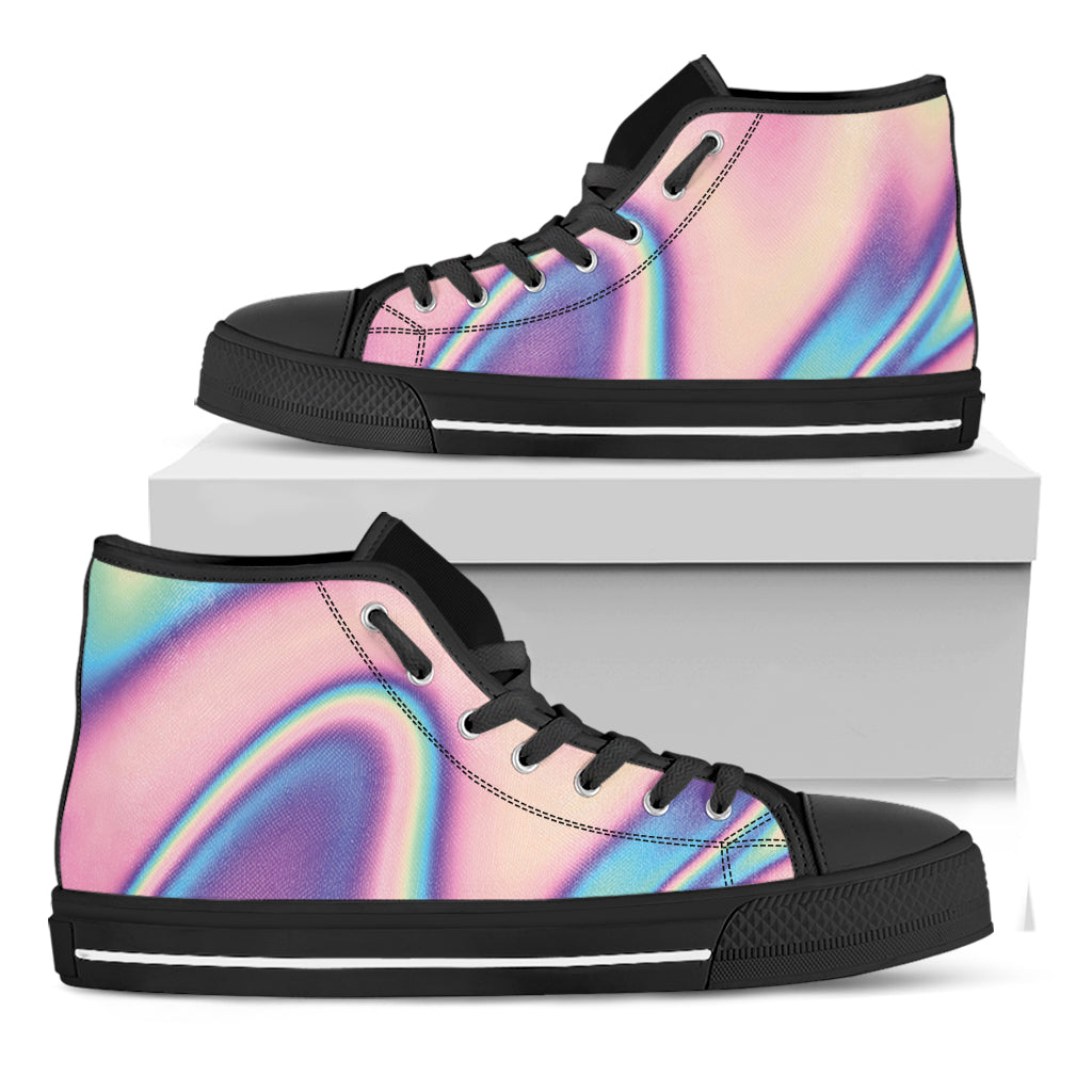 Pink And Teal Holographic Print Black High Top Shoes