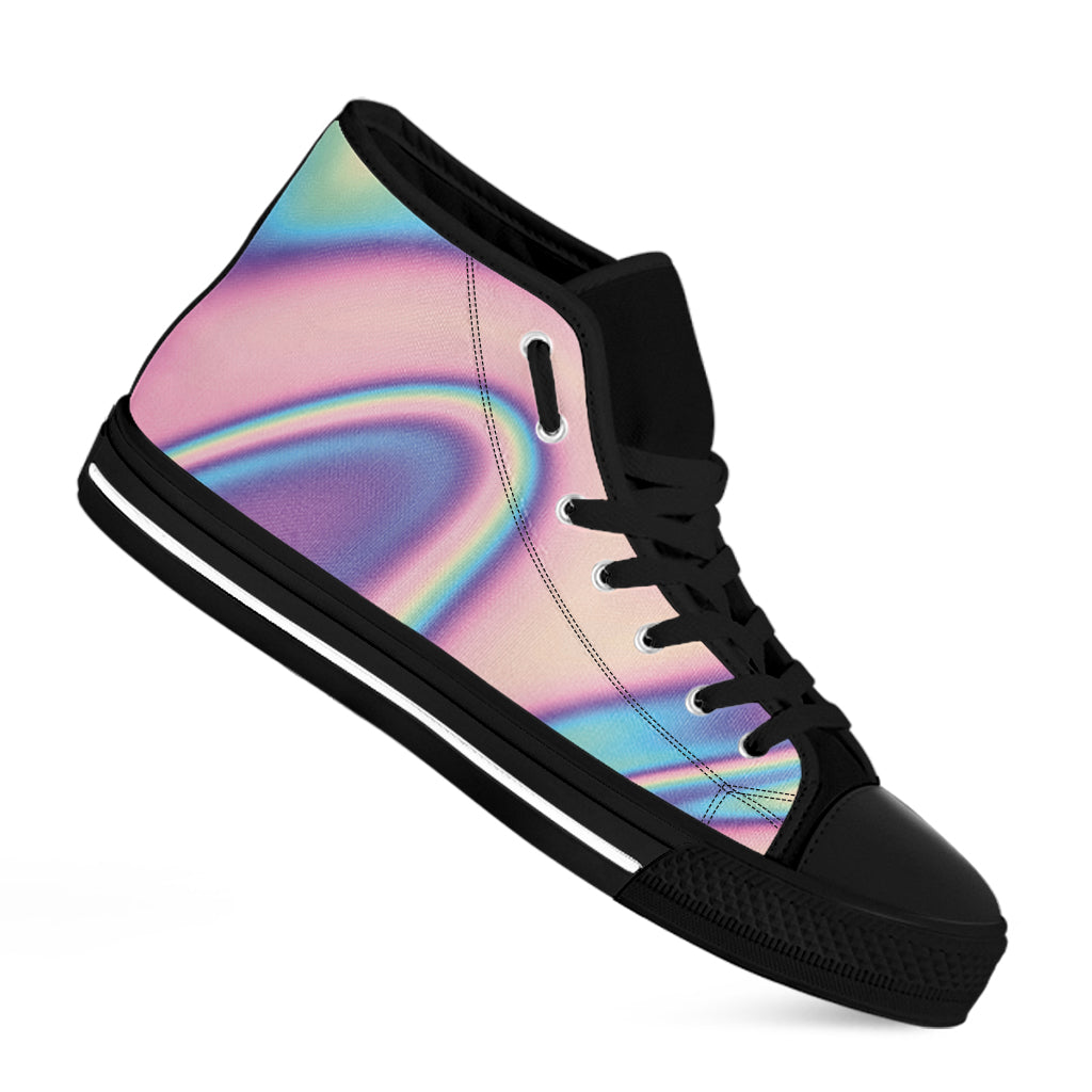 Pink And Teal Holographic Print Black High Top Shoes