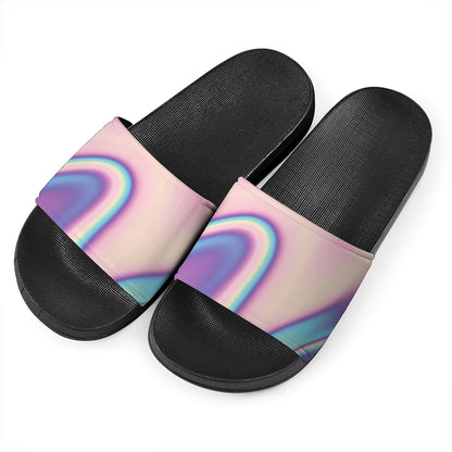 Pink And Teal Holographic Print Black Slide Sandals