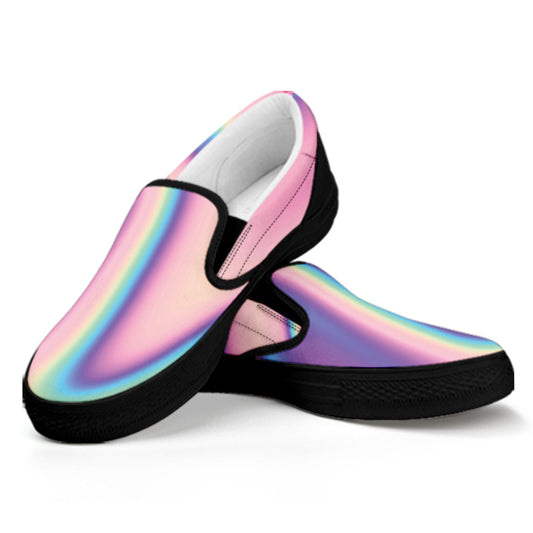Pink And Teal Holographic Print Black Slip On Shoes