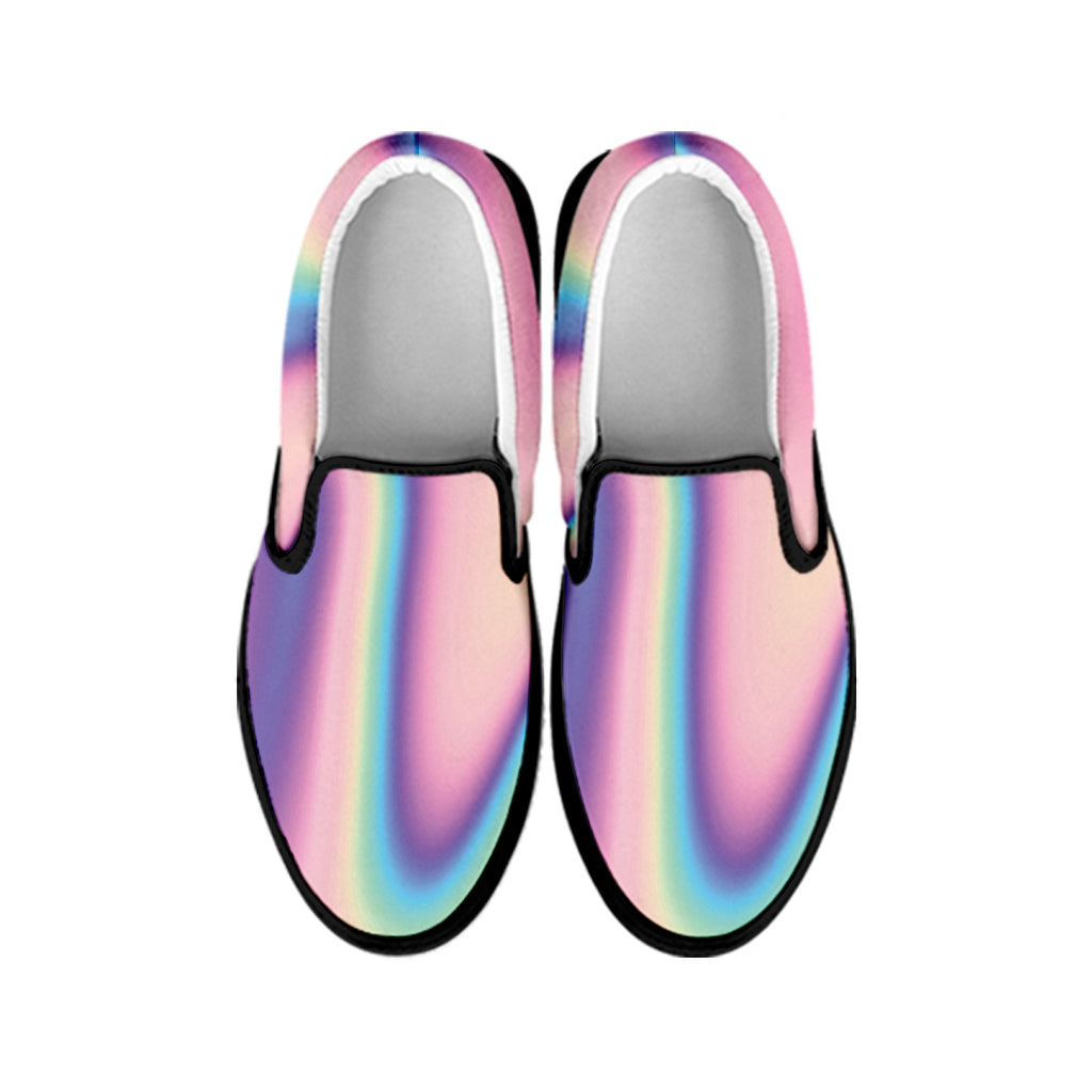 Pink And Teal Holographic Print Black Slip On Shoes