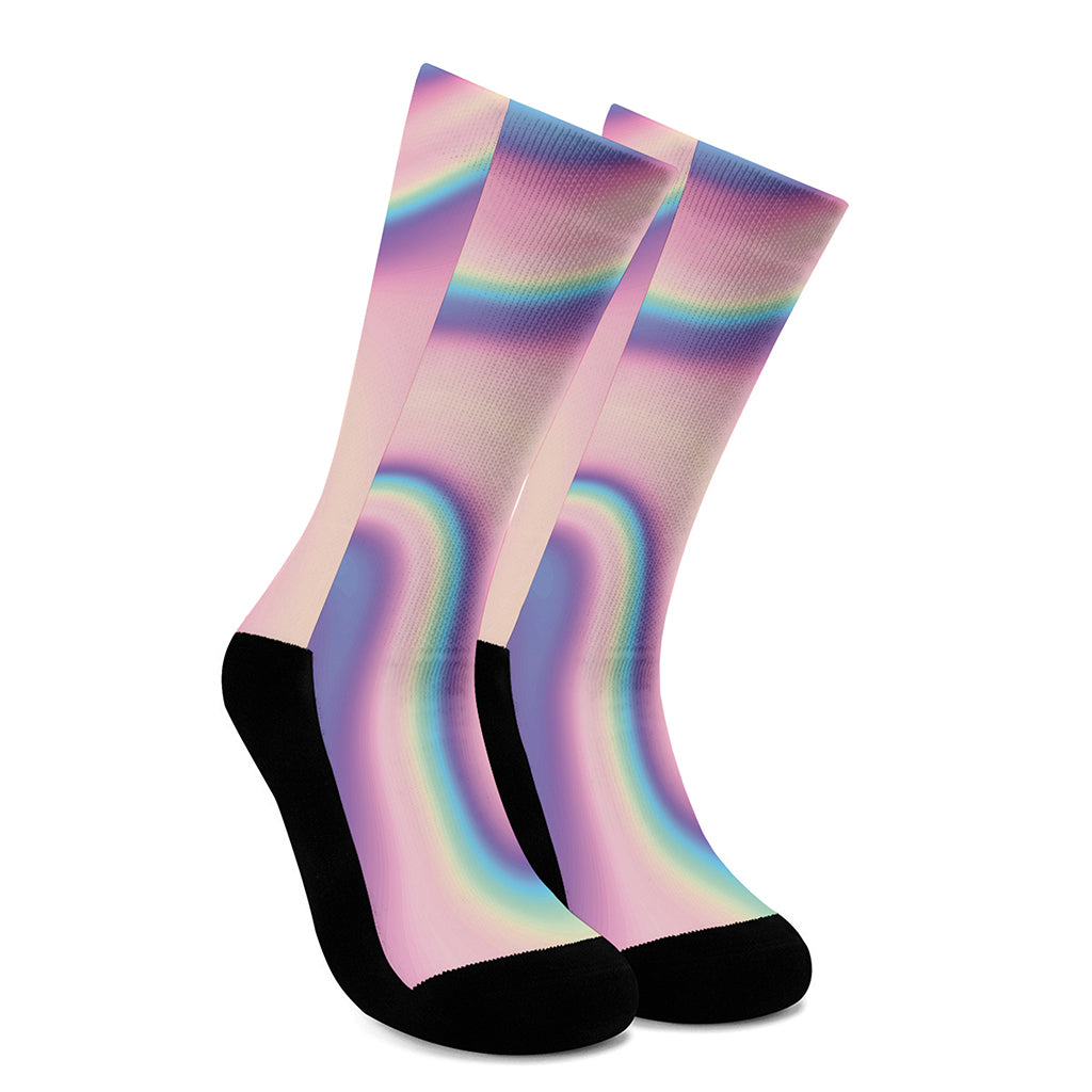 Pink And Teal Holographic Print Crew Socks