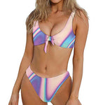 Pink And Teal Holographic Print Front Bow Tie Bikini