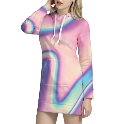 Pink And Teal Holographic Print Hoodie Dress