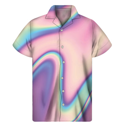 Pink And Teal Holographic Print Men's Short Sleeve Shirt