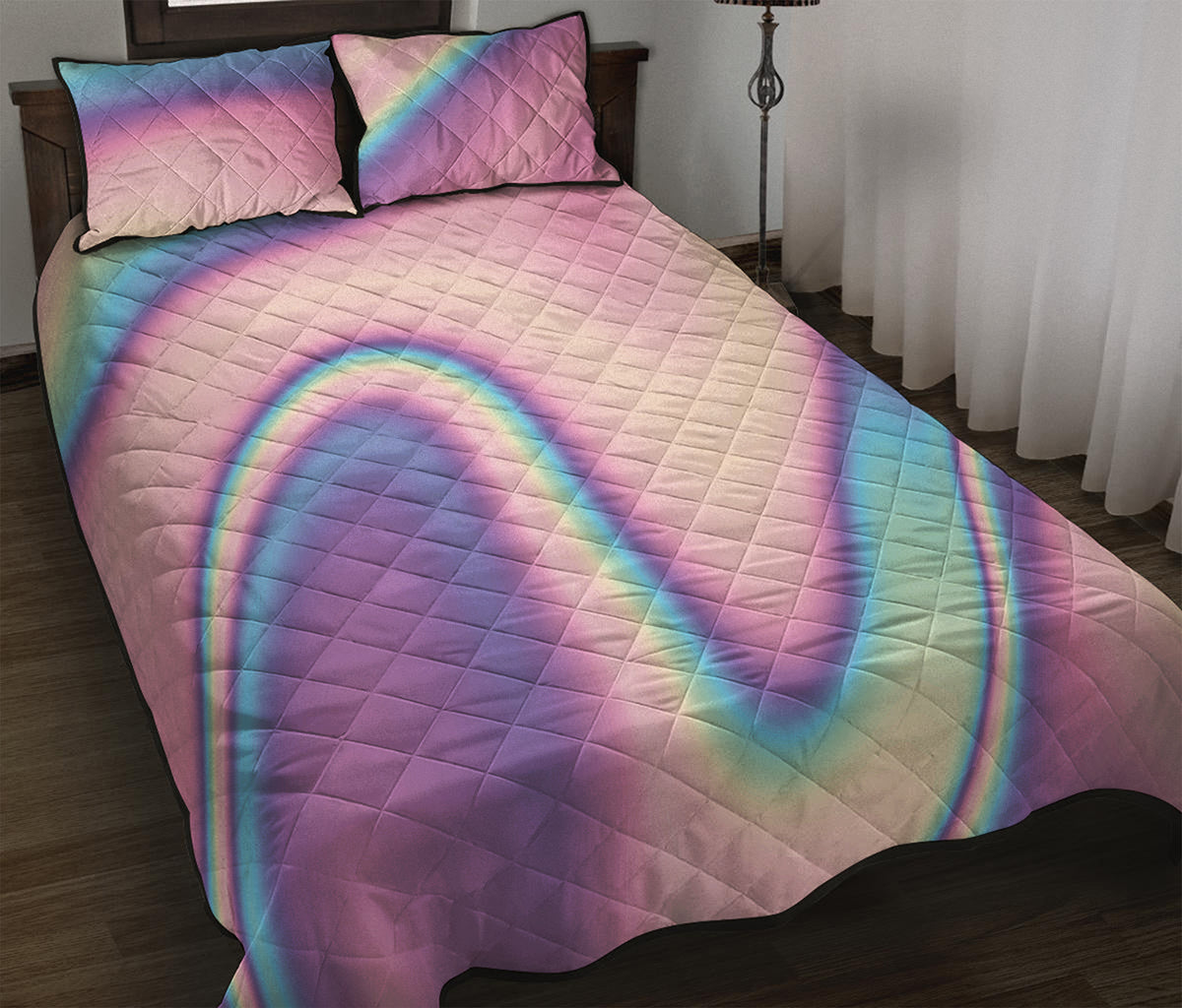 Pink And Teal Holographic Print Quilt Bed Set