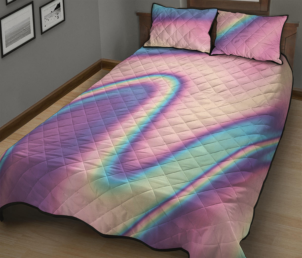 Pink And Teal Holographic Print Quilt Bed Set