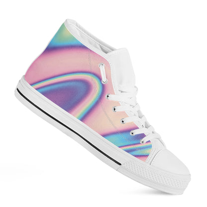 Pink And Teal Holographic Print White High Top Shoes