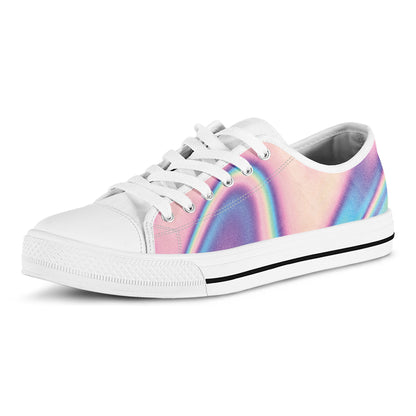 Pink And Teal Holographic Print White Low Top Shoes