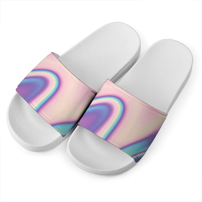 Pink And Teal Holographic Print White Slide Sandals