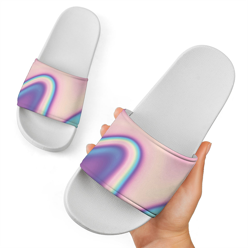 Pink And Teal Holographic Print White Slide Sandals