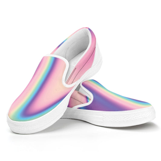 Pink And Teal Holographic Print White Slip On Shoes