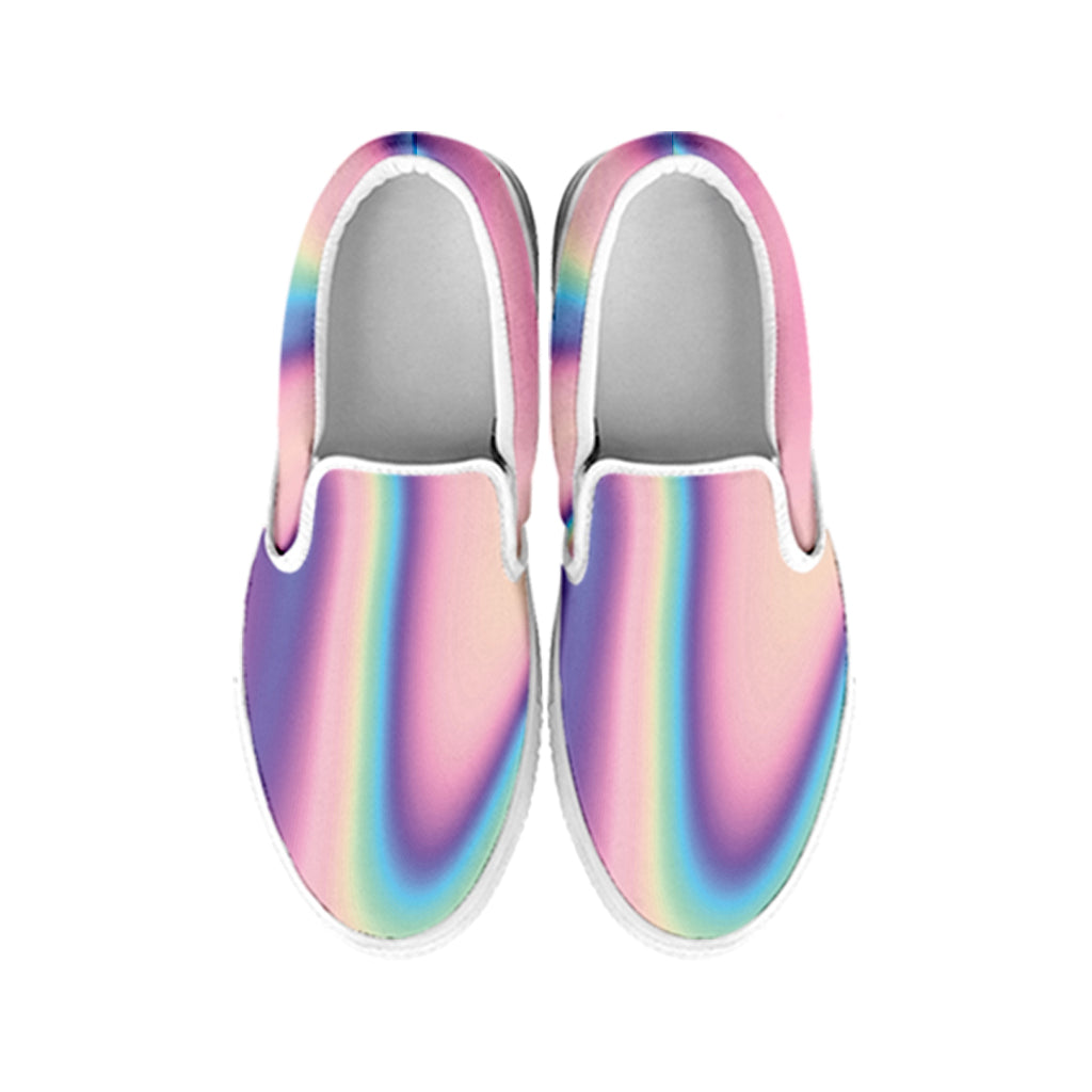 Pink And Teal Holographic Print White Slip On Shoes