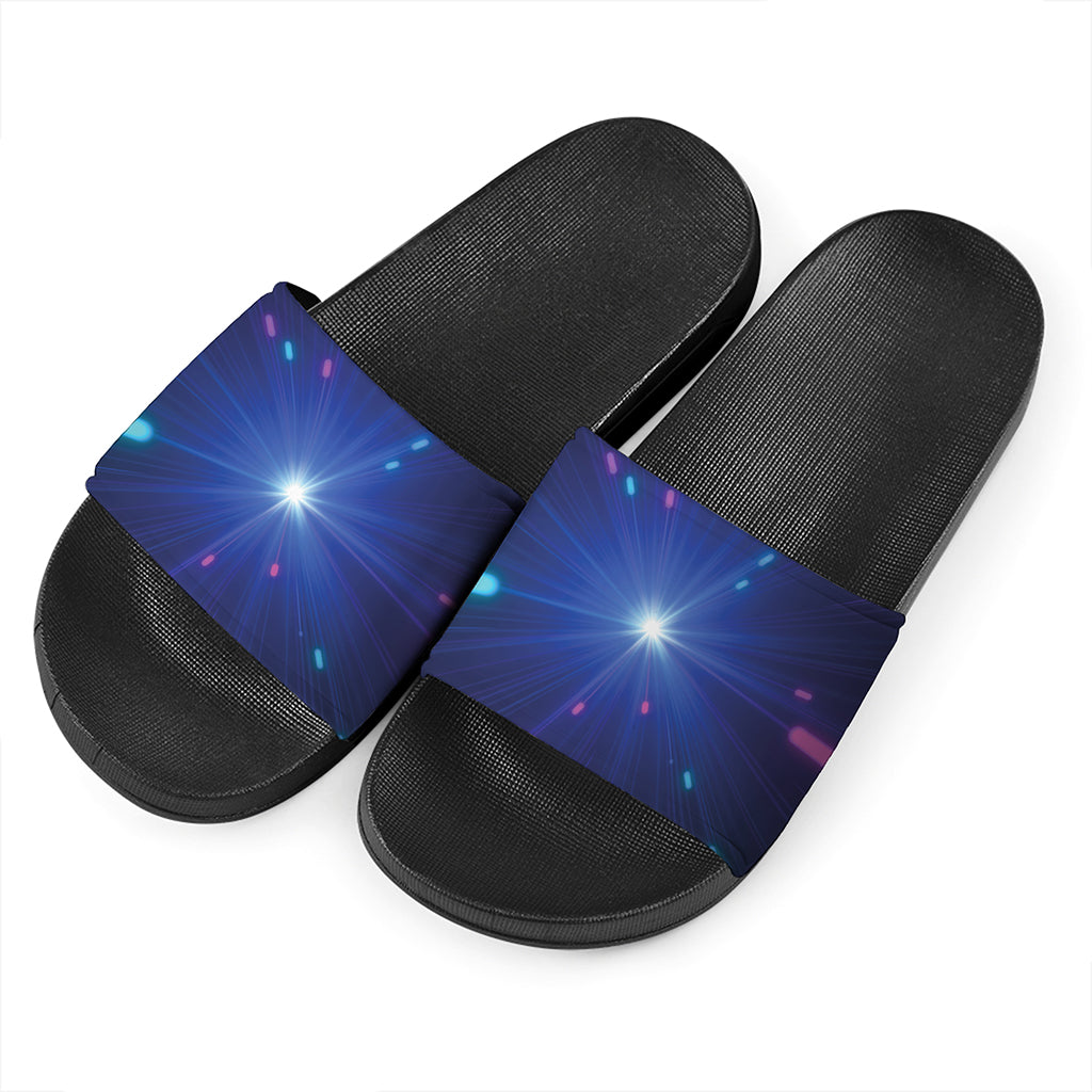 Pink And Teal Lights Speed Print Black Slide Sandals
