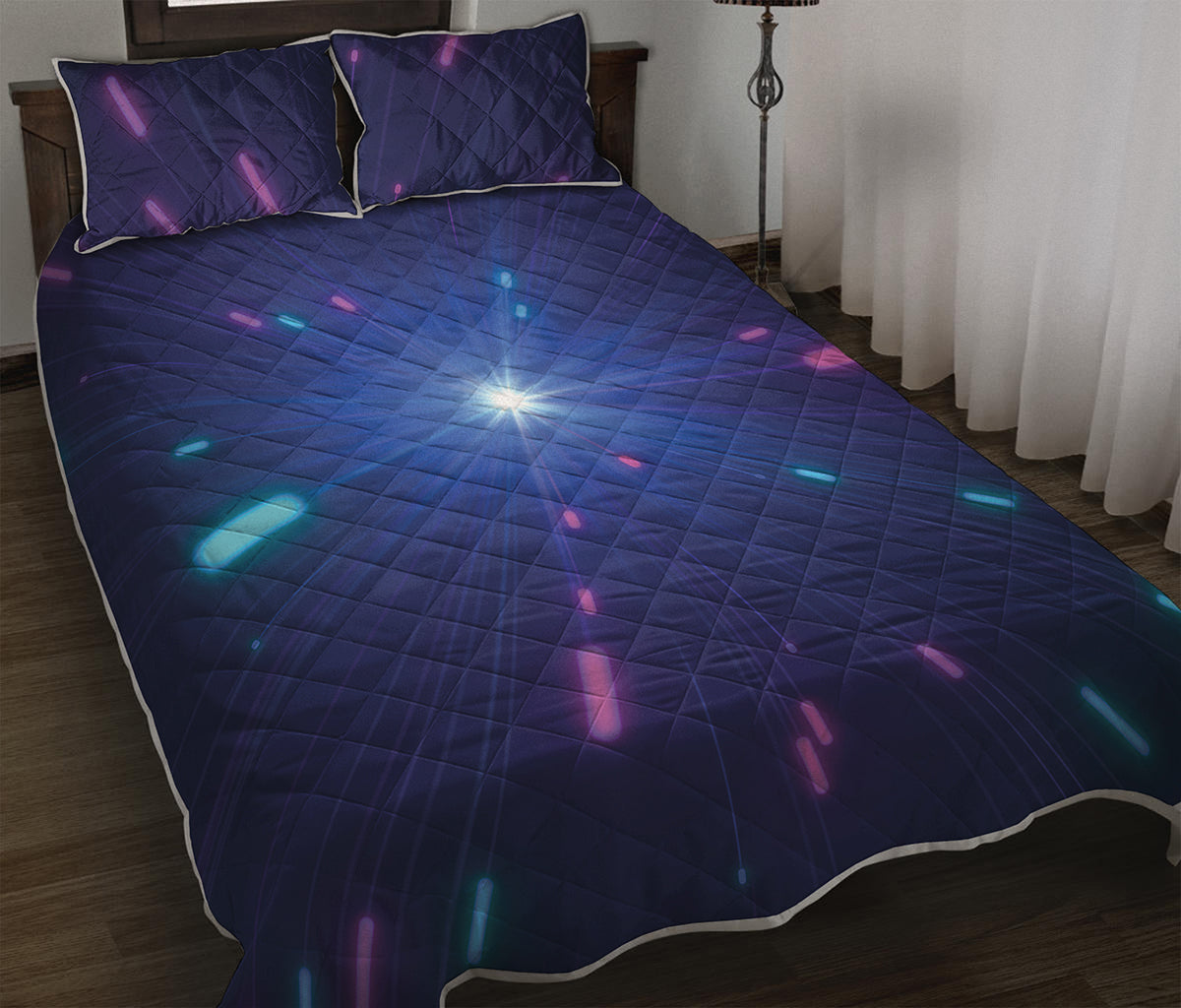 Pink And Teal Lights Speed Print Quilt Bed Set
