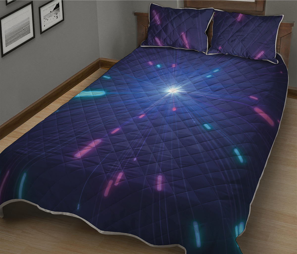 Pink And Teal Lights Speed Print Quilt Bed Set