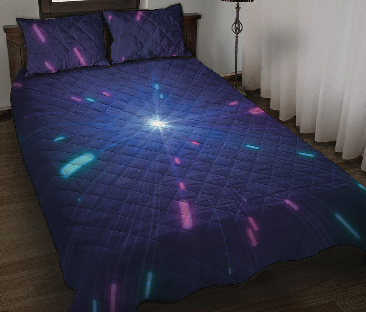 Pink And Teal Lights Speed Print Quilt Bed Set