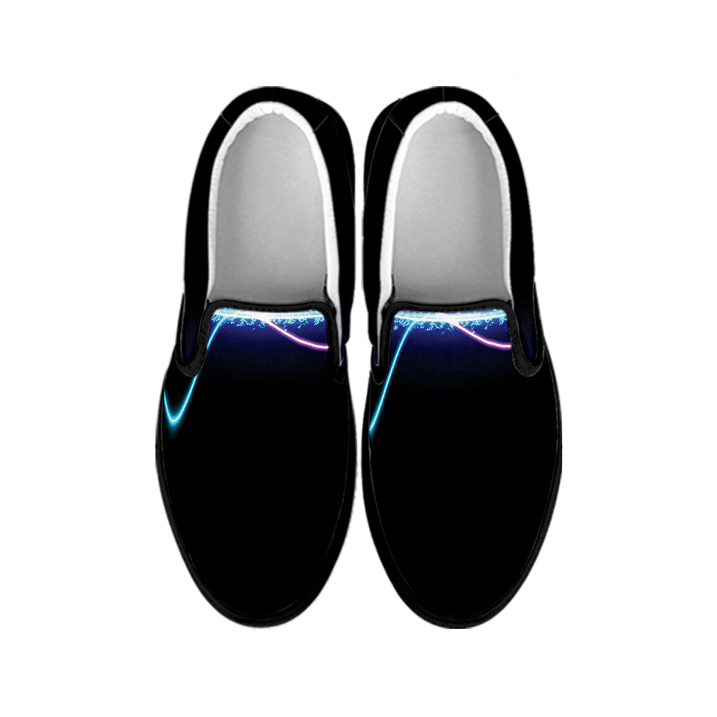 Pink And Teal Sound Wave Print Black Slip On Shoes