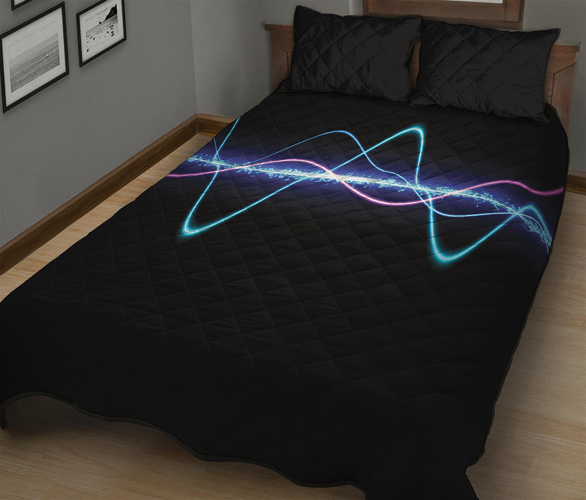 Pink And Teal Sound Wave Print Quilt Bed Set