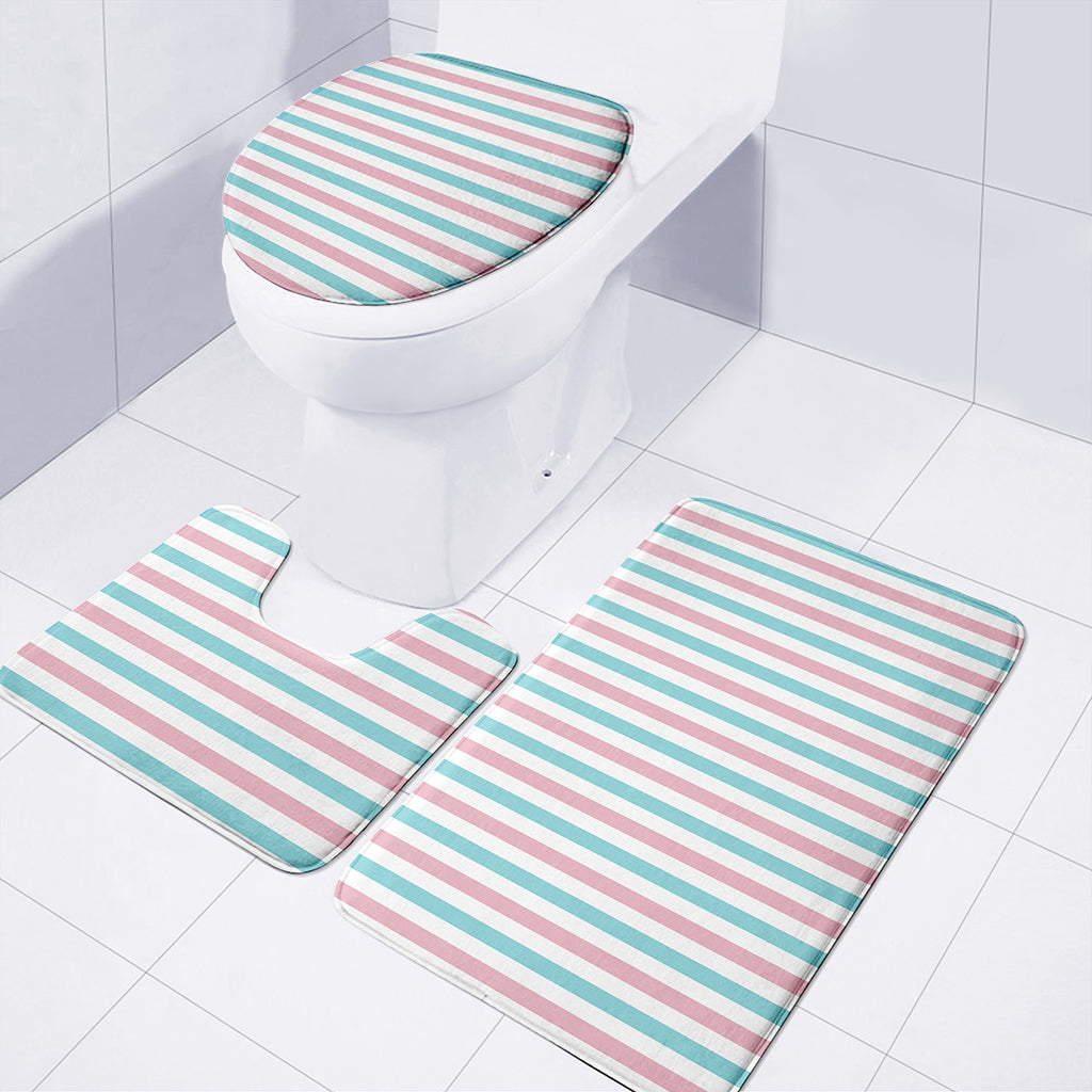 Pink And Teal Striped Pattern Print 3 Piece Bath Mat Set