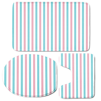 Pink And Teal Striped Pattern Print 3 Piece Bath Mat Set